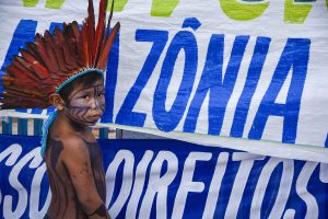 Munduruku Indian protest against wood exploration on National Preserve , Altamira, Para